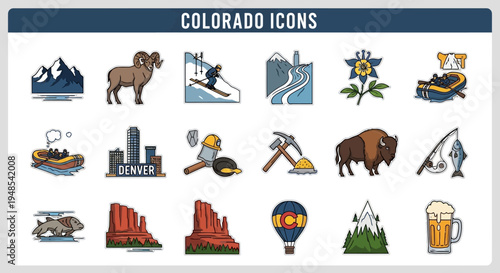 Vibrant collection of outline vector icons depicting regional attractions, majestic mountains, wildlife, outdoor sports, urban landmarks, and natural wonders