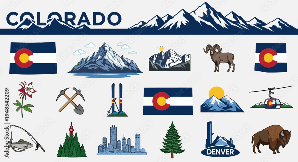 Obraz premium Diverse Vector Illustration Set Capturing the Essence of Colorado Majestic Mountains, Indigenous Wildlife, Famous Landmarks, and Vibrant Outdoor Activities