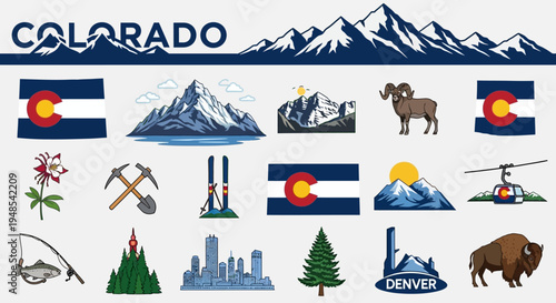 Diverse Vector Illustration Set Capturing the Essence of Colorado Majestic Mountains, Indigenous Wildlife, Famous Landmarks, and Vibrant Outdoor Activities
