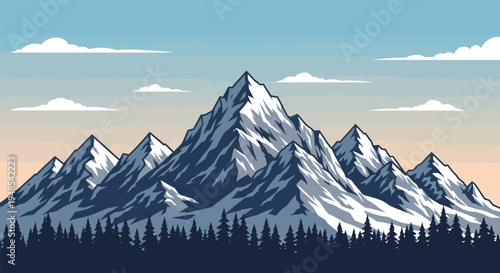 Majestic mountain range illustration. Snow-capped peaks, dense pine forest, clear sky. Serene wilderness capturing nature's grandeur and rugged beauty