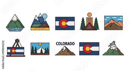 A vibrant collection of stylized flat design illustrations showcasing iconic Colorado landscapes, outdoor recreation, and state symbols, ideal for travel, tourism, and adventure-themed content