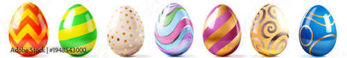 Set of shiny easter eggs with various patterns and colors on white background with soft shadows.