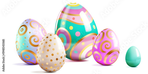 Easter eggs with soft shadows, colorful patterns, and gold accents on a white background, creating a festive atmosphere.