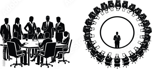 Business meeting silhouettes, corporate boardroom illustration, roundtable collaboration concept