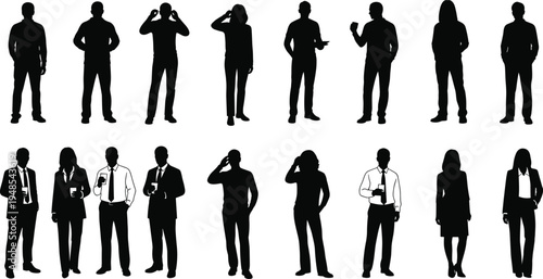 Business and casual silhouettes, corporate attire illustration, office teamwork diversity, workplace culture concept, professional communication poses, lifestyle posture representation