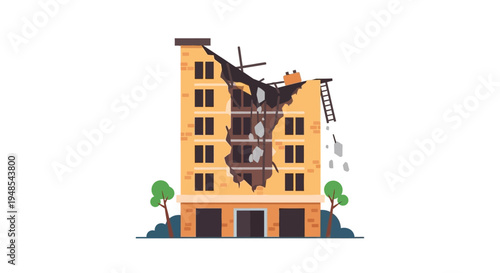 Flat illustration of a damaged apartment building after a fire, with broken windows and collapsed roof, on white background