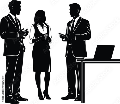 Business meeting silhouettes, corporate teamwork illustration, professional communication concept, office collaboration scene, workplace diversity, career success discussion, formal attire group