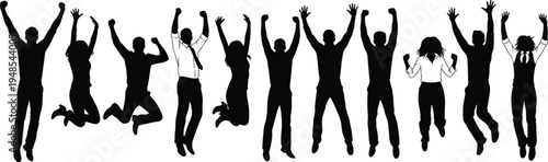 Business team celebration silhouettes, corporate success unity, office teamwork joy, professional achievement group, workplace diversity illustration, career growth concept, happy employees