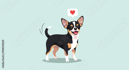 Alert black and tan chihuahua dog standing with its tongue out and a heart symbol in a speech bubble above its head.