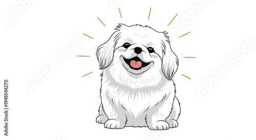 Close up illustration of a happy white fluffy dog with a big smile and its tongue out against a white background with light rays.