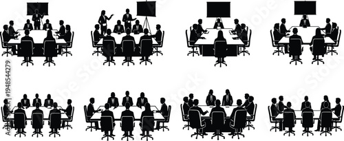 Corporate meeting silhouettes, business teamwork illustration, office collaboration concept