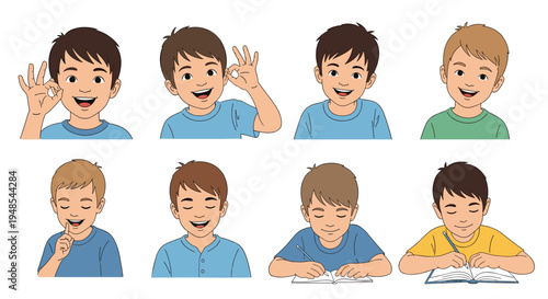 Collection of young boys in blue and green shirts showing happiness, giving ok signs, and focusing on their schoolwork.