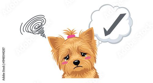 Sad and worried brown puppy with tears in its eyes thinking about a checkmark with a dizzy symbol nearby.