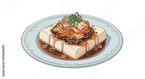 Delicious plate of chilled tofu topped with spicy kimchi, green onions, and savory sauce on a decorative white plate.