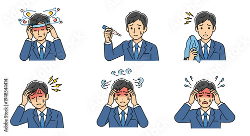 Businessman character set suffering from high fever, headache, and dizziness with thermometer and cold compress illustrations.