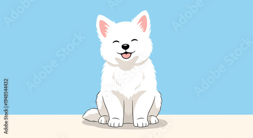 Adorable white fluffy dog sitting and smiling with eyes closed against a light blue and beige background in vector style.