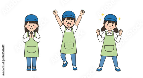 Young girl in a green apron and blue cap showing poses for gratitude, cheering with arms raised, and determined anger.