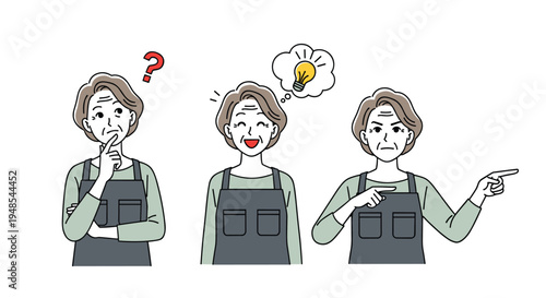 Elderly woman in an apron showing different actions including thinking with a question mark, having an idea, and pointing.