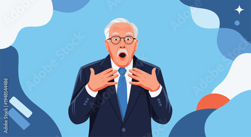 Surprised senior man with glasses and a mustache looking at camera with mouth open against an abstract blue background.