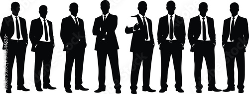 Business professionals silhouettes, corporate team illustration, office attire poses, men and women in suits, workplace leadership, teamwork concept, formal fashion silhouettes