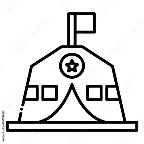 Military Tent Outline Icon with Star and Flag