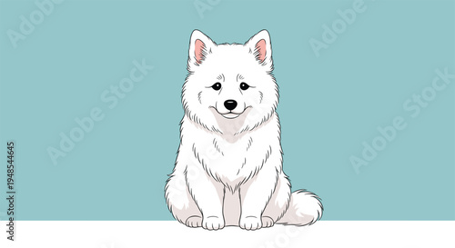 Adorable white fluffy dog sitting and smiling with a friendly expression against a light blue and white background.
