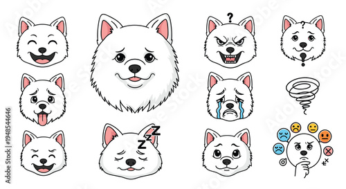 Collection of cute white fluffy dog faces showing various emotions like happy, sad, angry, surprised, and sleeping.