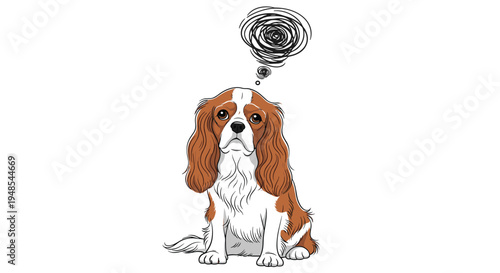 Sad cavalier king charles spaniel dog sitting with drooping ears and a dark scribble bubble above its head on a white background.