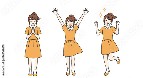 Young girl in an orange dress showing different poses including praying with hands together, cheering, and jumping for joy.