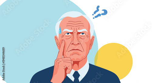 Worried senior man with white hair looking up and thinking with a question mark above his head on an abstract background.