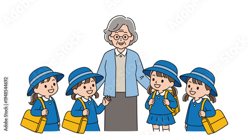 Elderly woman with grey hair standing with four happy young girls in blue school uniforms and yellow backpacks.