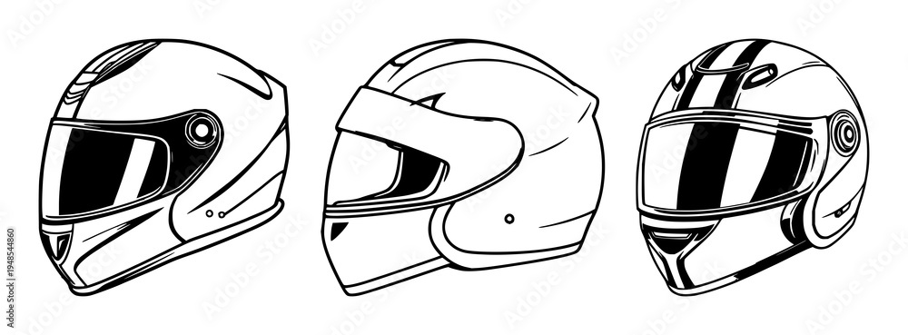 Obraz premium Motorcycle helmet set with racing team helmet vector illustrations featuring racing colors, team logos, sports gear with chrome protectors and aerodynamic design