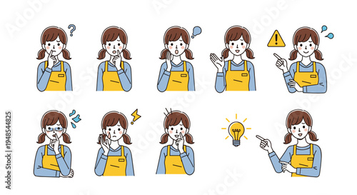 Collection of female character illustrations in an apron showing various emotions including thinking and having a brilliant idea.
