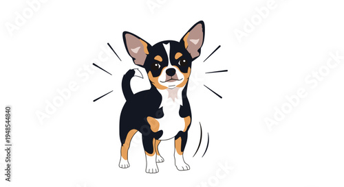 Small black and tan chihuahua dog standing with excited lines radiating around its body against a clean white background.