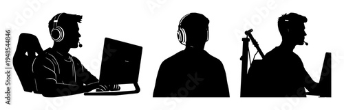 Esports player set with solid black silhouette on white background, clean sharp edges featuring headset, gaming, competitive sports with modern style and digital theme