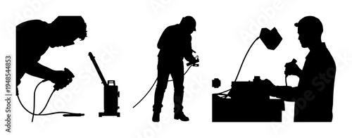 Solid black silhouette set with a person using a handheld laser welder on white background featuring industrial trade, precision craft, laser welding with safety gear and technical illustration