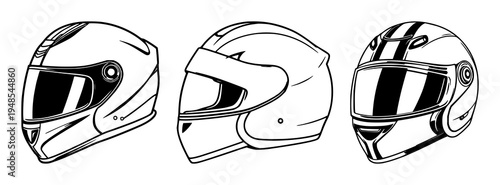 Motorcycle helmet set with racing team helmet vector illustrations featuring racing colors, team logos, sports gear with chrome protectors and aerodynamic design