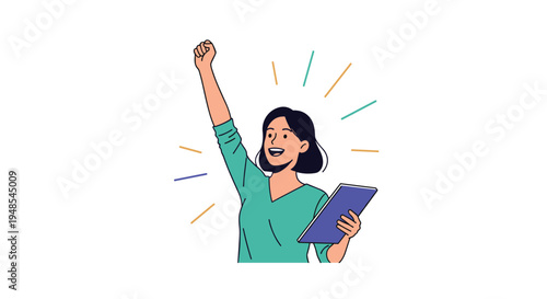Enthusiastic woman holding a tablet computer while raising her fist in triumph to celebrate a victory or successful result.
