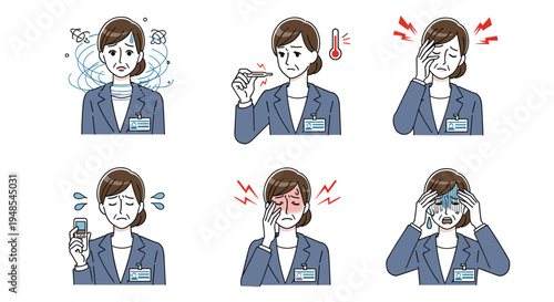 Sick woman in a professional suit showing various symptoms like fever headache and chills in a series of detailed illustrations.