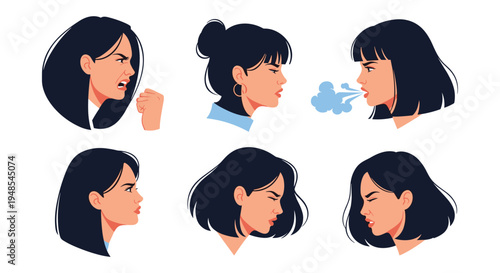 Side profile illustrations of a woman with dark hair showing various stages of anger frustration and annoyance with expressive gestures.