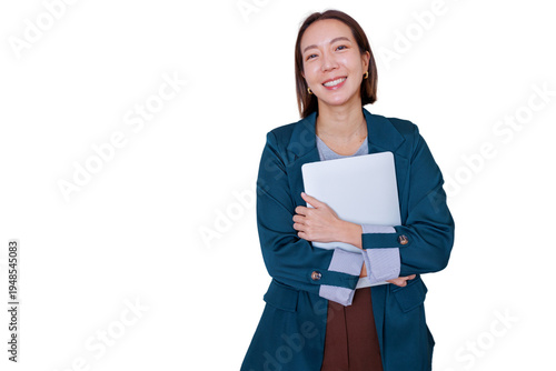 Asian business woman smiling and holding laptop, representing business innovation and successful professional career