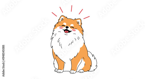 Happy orange and white pomeranian dog sitting and smiling with excitement lines radiating around its head against a white background.