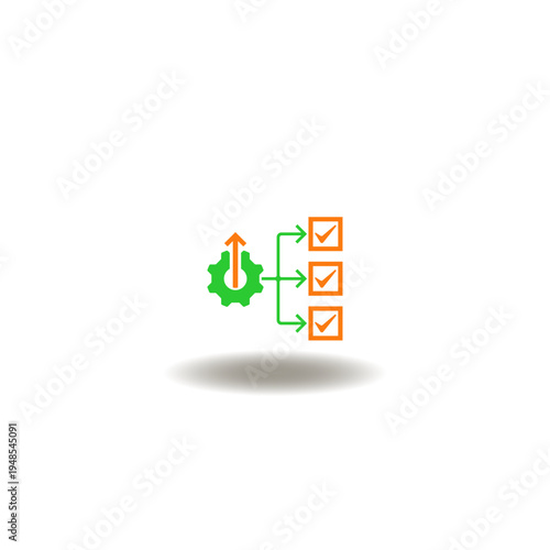 Vector illustration of flowchart of gear with arrow up and check marks. Symbol of operations.
