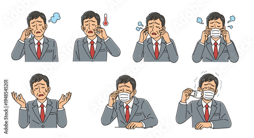 Mature businessman experiencing various symptoms of illness like fever and sneezing while wearing a protective face mask for health and safety.