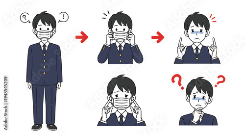 Illustration showing a male student wearing a face mask correctly and then experiencing the common problem of fogging glasses while feeling troubled.