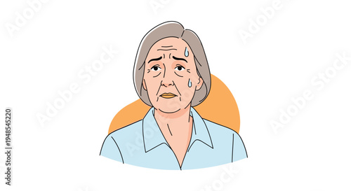 Elderly woman with a concerned facial expression and sweat drops on her forehead showing signs of anxiety, stress, or heat exhaustion.