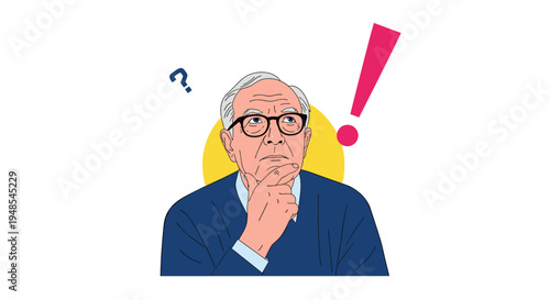 Distinguished senior man with glasses transitioning from a state of confusion to a moment of realization or discovery with an exclamation point.