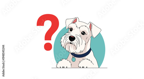 Cute white terrier dog looking curious and puzzled with a large red question mark in the background symbolizing confusion or inquiry.