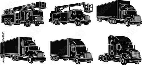 Truck silhouettes illustration, fire truck vector, utility vehicle design, semi‑truck trailer, commercial transport, emergency service vehicles, logistics concept, industrial transport silhouettes