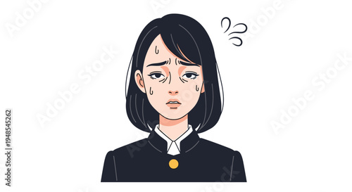 High school girl in a black uniform looking exhausted and overwhelmed by stress with sweat drops and dark circles under her tired eyes.